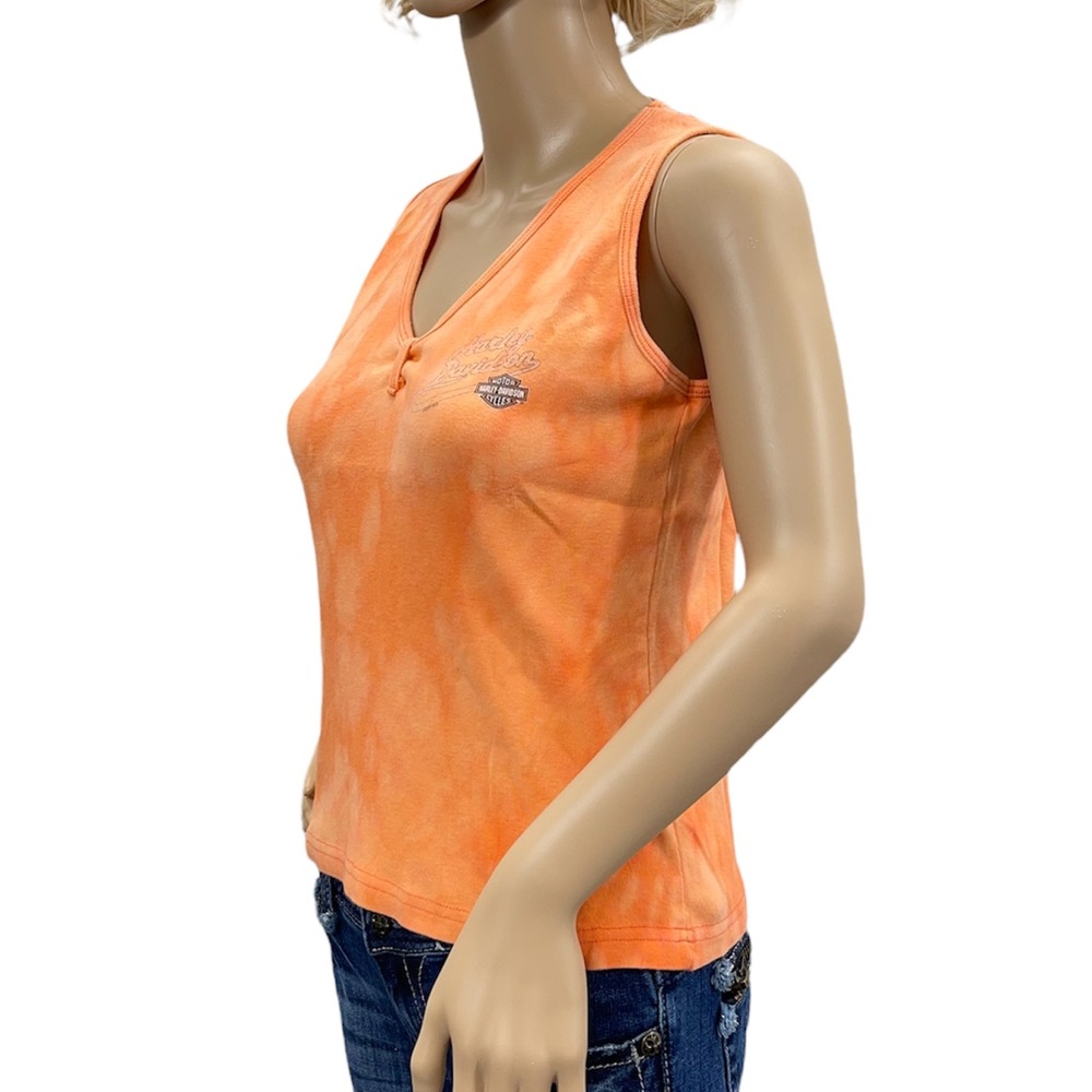 HARLEY-DAVIDSON Women’s Orange Bleach Tie Dye Ribbed V-Neck Tank Top Sz Large - Picture 4 of 10